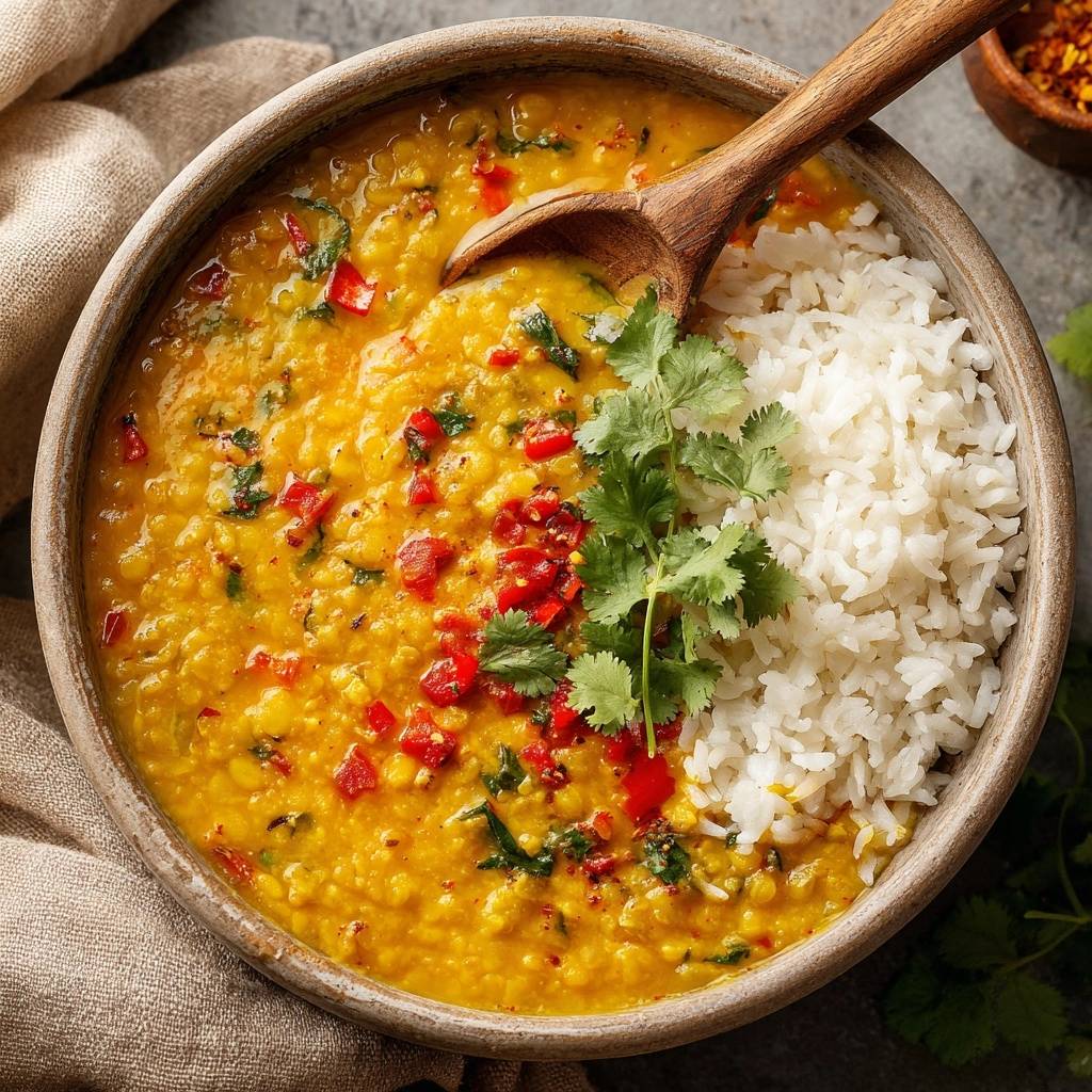 Cremiges Rotes Linsencurry mit Reis und Koriander in einer Schüssel von oben fotografiert.