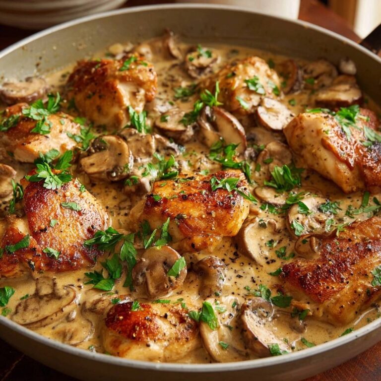 Cremiges Pilz-Hähnchen aus der Pfanne, detailreiche Nahaufnahme mit cremiger Sauce und frischer Petersilie garniert