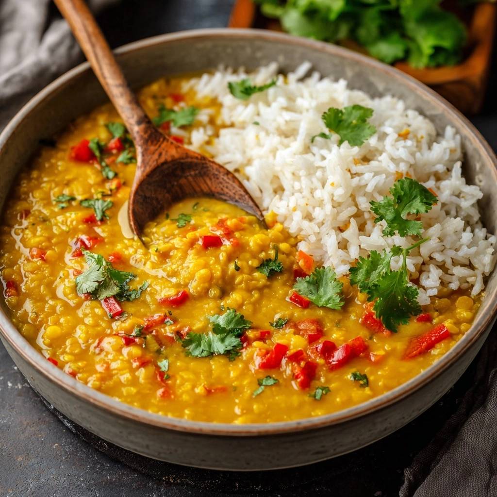 Cremiges rotes Linsencurry mit Reis, garniert mit Koriander und einem hölzernen Löffel, der in die Schüssel greift.