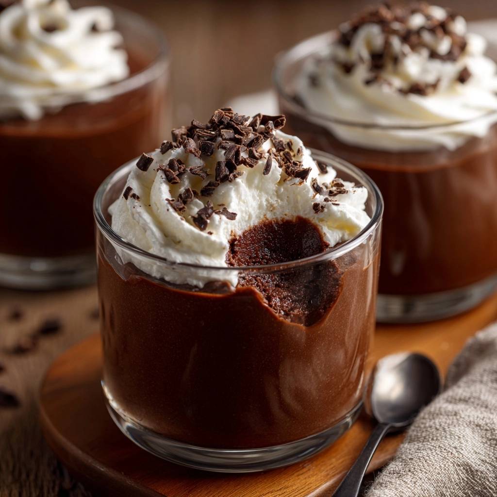 Cremiges Schokoladen-Mousse angeschnitten mit einem Löffel Sahne und Schokostreuseln garniert.
