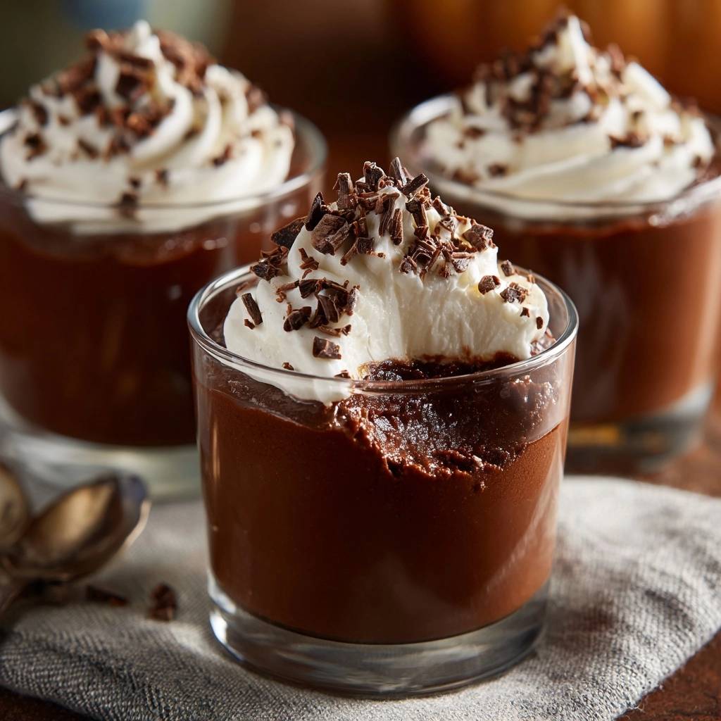 Cremiges Schokoladen-Mousse angeschnitten, mit Sahne und Schokostreuseln garniert, in einem Glas serviert.