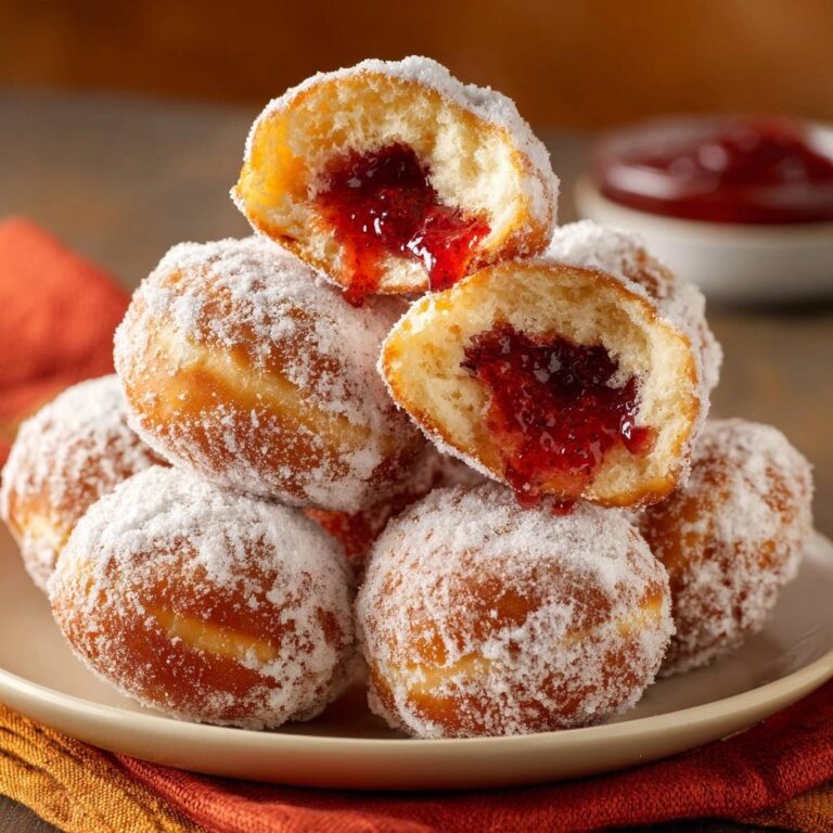 Fluffige Berliner mit Marmeladenfüllung, angeschnitten und mit Puderzucker bestäubt, zeigen ihre rote Füllung.