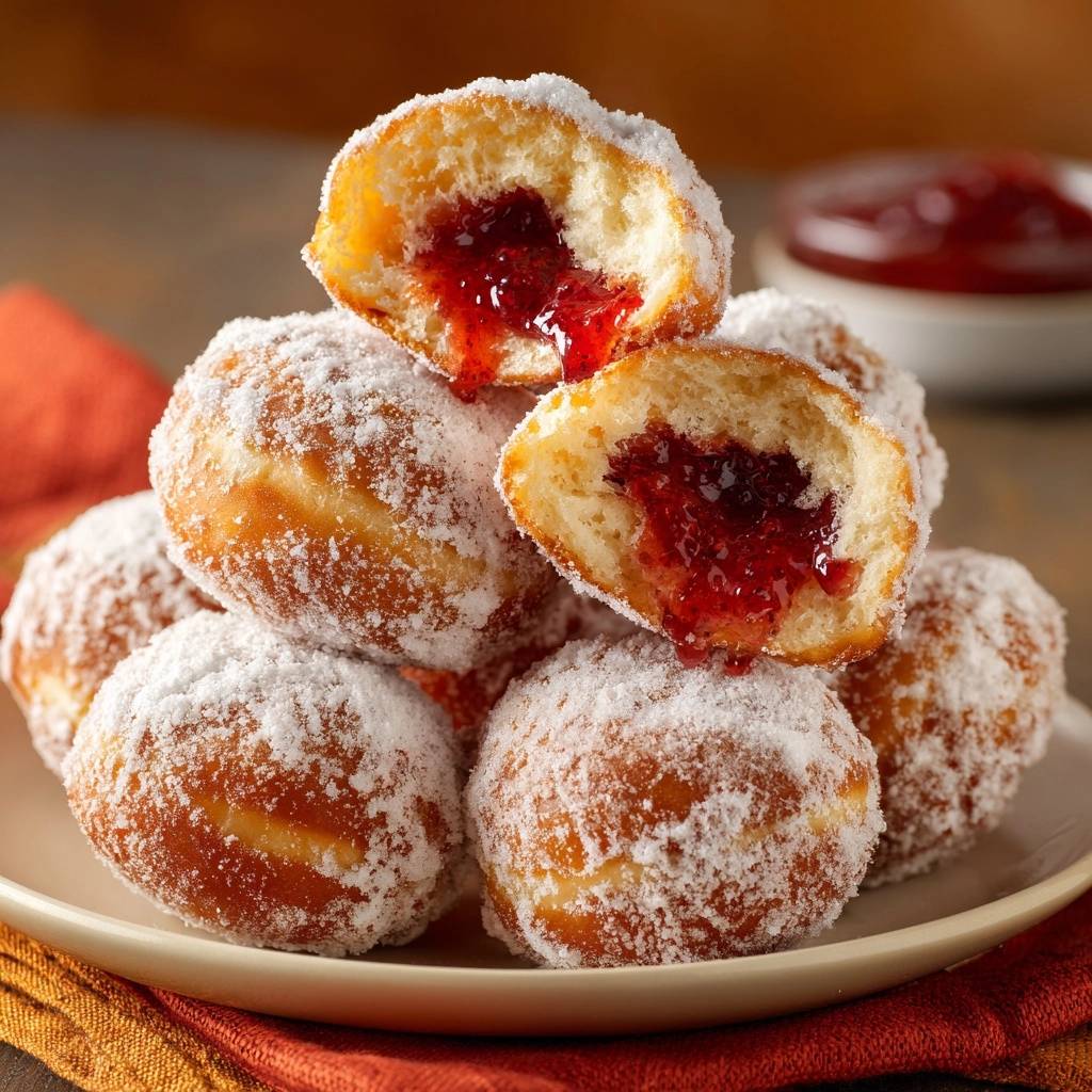 Fluffige Berliner mit Marmeladenfüllung, angeschnitten und mit Puderzucker bestäubt, zeigen ihre rote Füllung.
