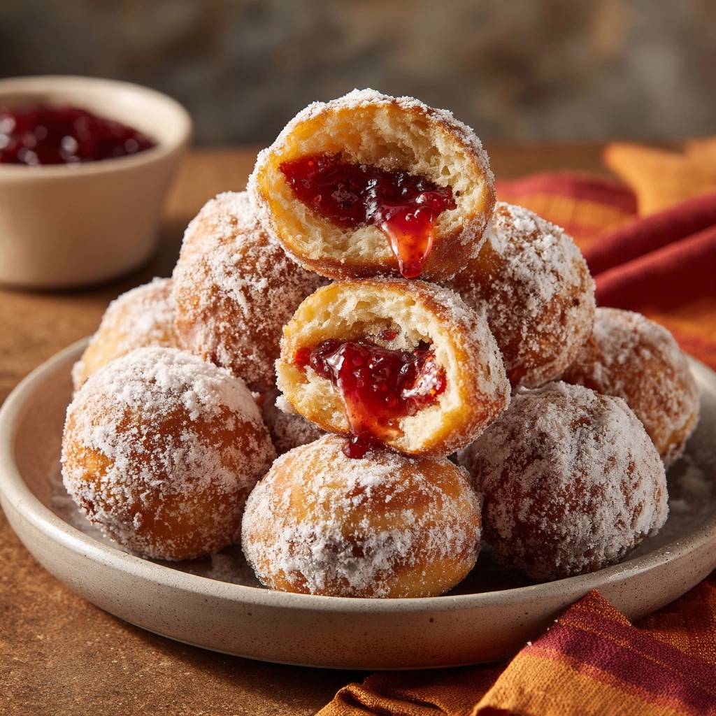 Fluffige Berliner mit Marmeladenfüllung im Anschnitt, die saftige Füllung tropft heraus.