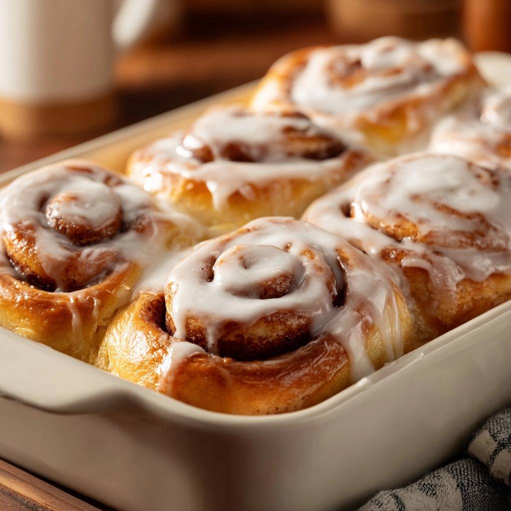 Fluffige Zimtschnecken mit Frischkäse-Frosting in einer Auflaufform, nahaufnahme des glasierten Gebäckstücks.