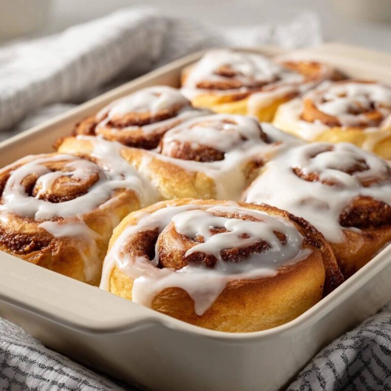 Fluffige Zimtschnecken mit Frischkäse-Frosting, Nahaufnahme der glasierten Gebäckstücke in einer Auflaufform.