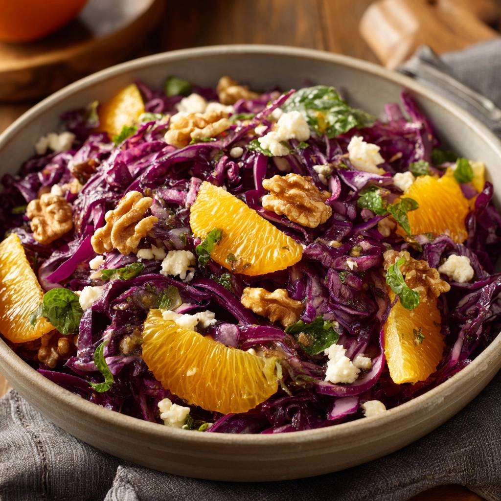 Fruchtiger Rotkohlsalat mit Feta und Walnüssen, eine Nahaufnahme, die die Garnitur mit Orangenspalten und zerbröseltem Feta zeigt.