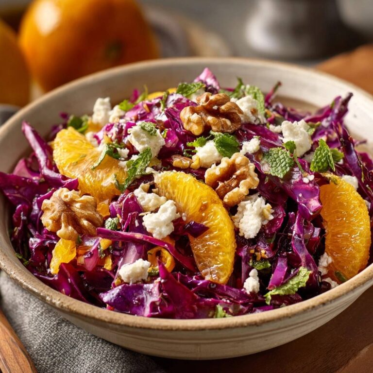 Fruchtiger Rotkohlsalat mit Feta und Walnüssen, eine Nahaufnahme des bunten Salats im Detail.