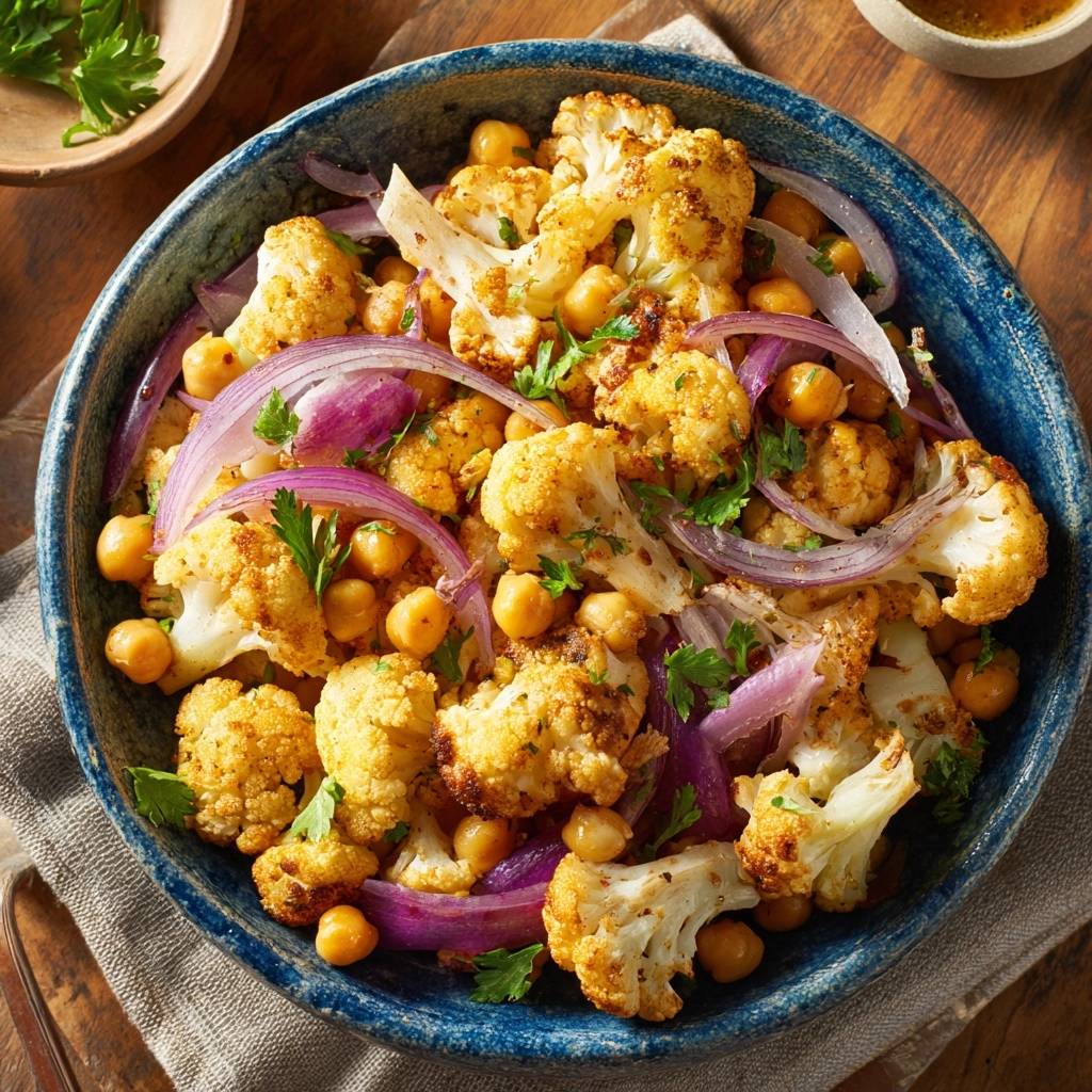 Gerösteter Blumenkohl-Kichererbsen-Salat als veganes Hauptgericht, detailreich in einer blauen Schüssel angerichtet.