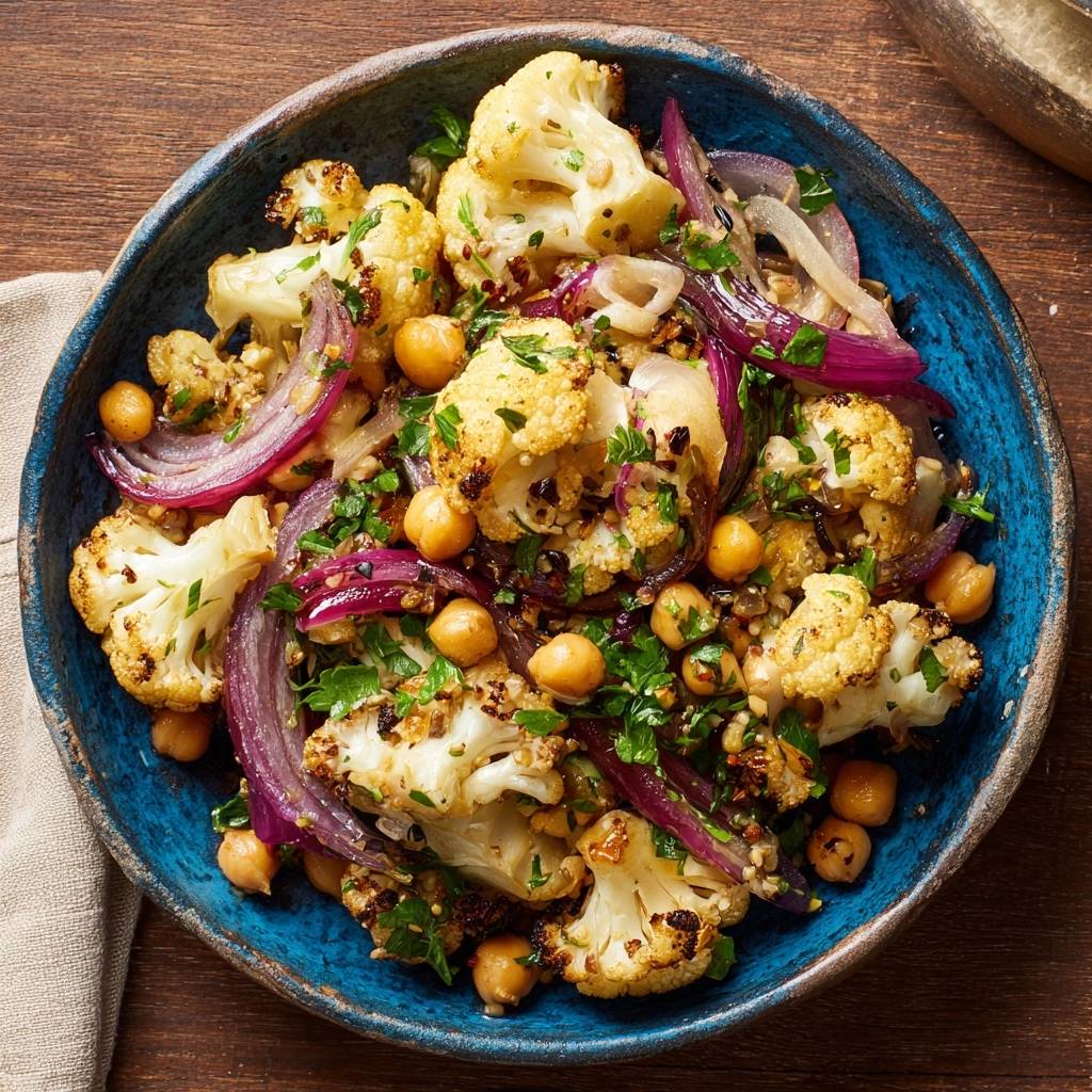 Gerösteter Blumenkohl-Kichererbsen-Salat in einer blauen Schüssel von oben mit roten Zwiebeln und frischer Petersilie garniert.