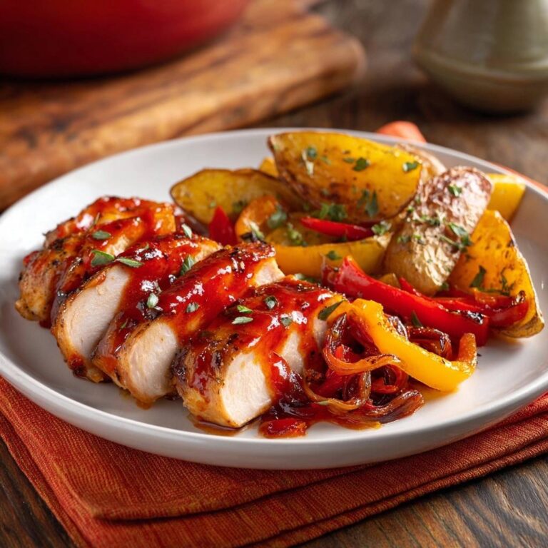 Glasierte Hähnchenbrust mit Ofenkartoffeln, angeschnitten und mit Sauce übergossen, serviert mit Paprika.