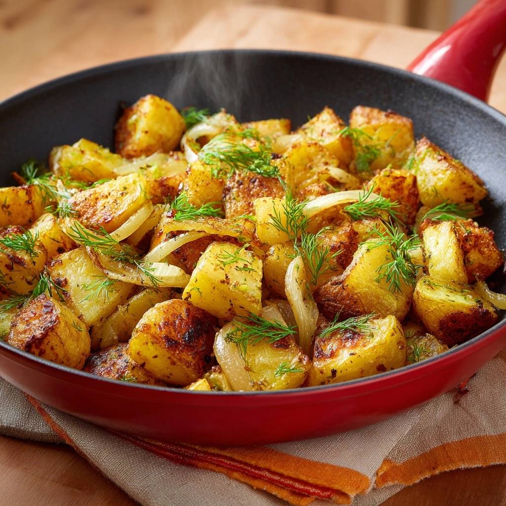 Goldbraune Bratkartoffeln mit Zwiebeln in der Pfanne, frisch zubereitet und mit Dampf serviert.