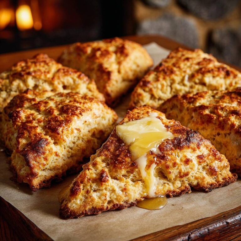 Goldbraune Butter-Scones mit geschmolzener Butter und Honig, frisch gebacken und auf einem Holzbrett serviert.