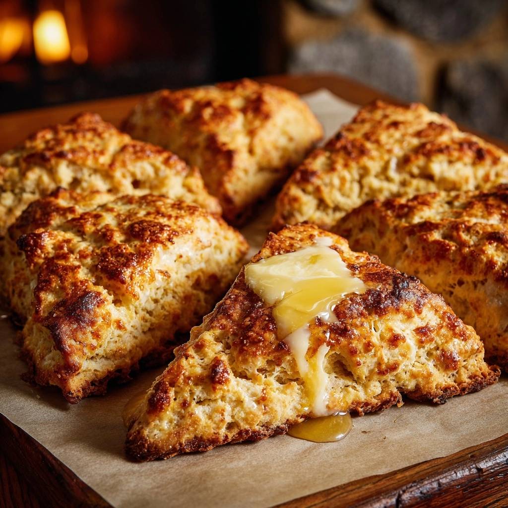 Goldbraune Butter-Scones mit geschmolzener Butter und Honig, frisch gebacken und auf einem Holzbrett serviert.