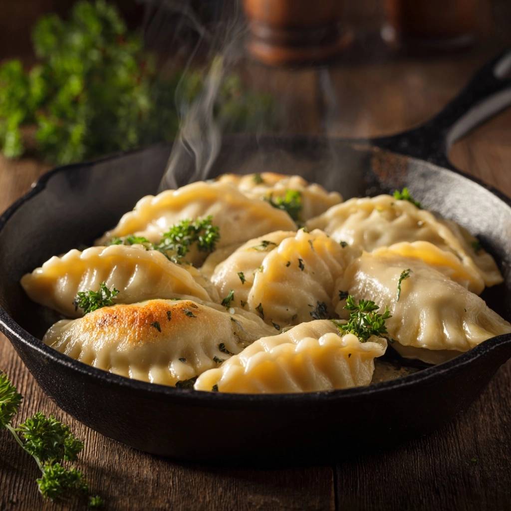 Goldbraune Pfannen-Pierogi, frisch aus der Pfanne serviert und heiss dampfend mit Petersilie garniert.