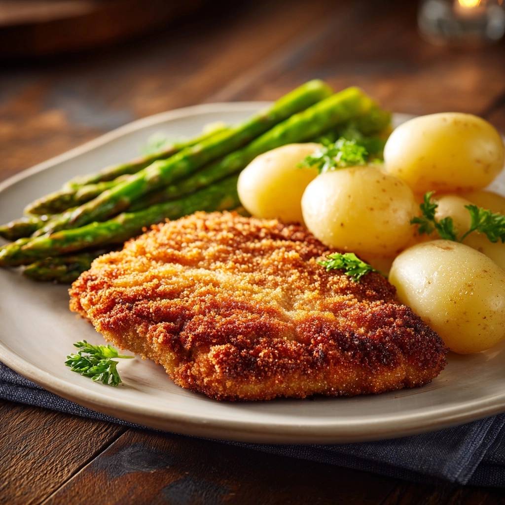 Goldbraunes Putenschnitzel mit Spargel und Kartoffeln, serviert auf einem Teller mit Petersilie garniert