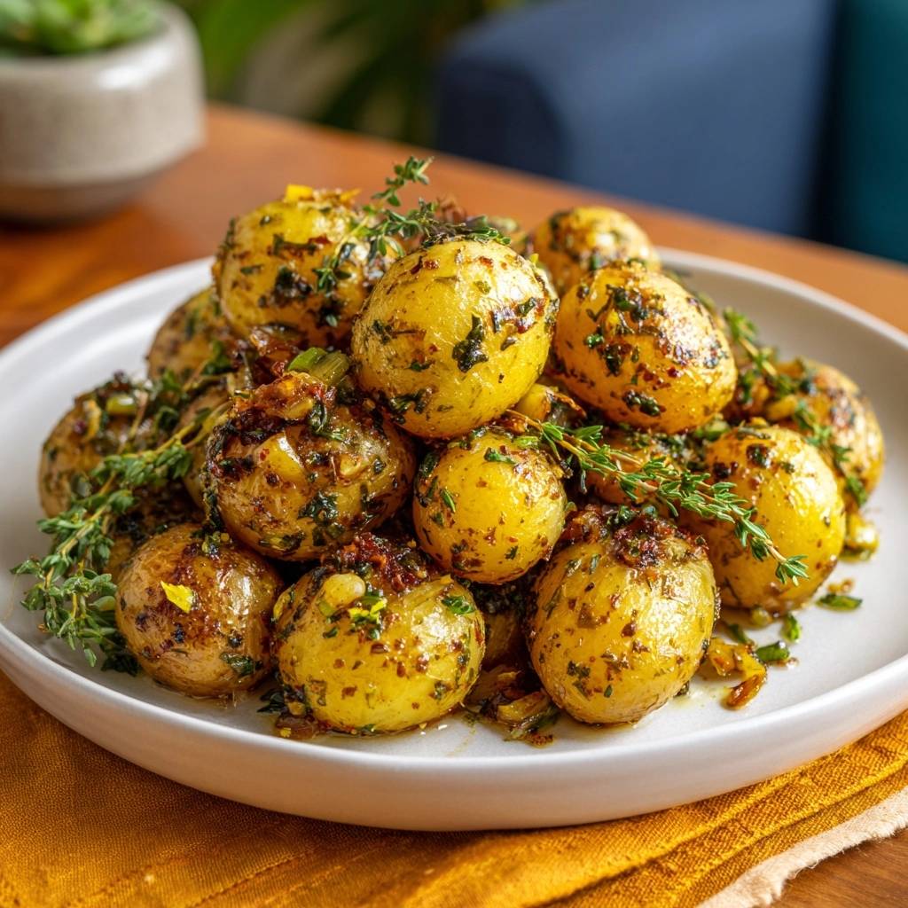 Goldene Knoblauch-Kräuter-Kartoffeln, nahaufnahme der detailreichen Garnitur mit frischen Kräutern und Gewürzen.