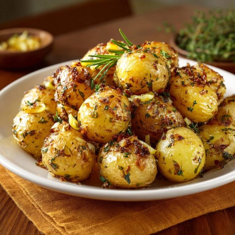 Goldene Knoblauch-Kräuter-Kartoffeln mit Rosmarin und Thymian garniert, Nahaufnahme der Textur