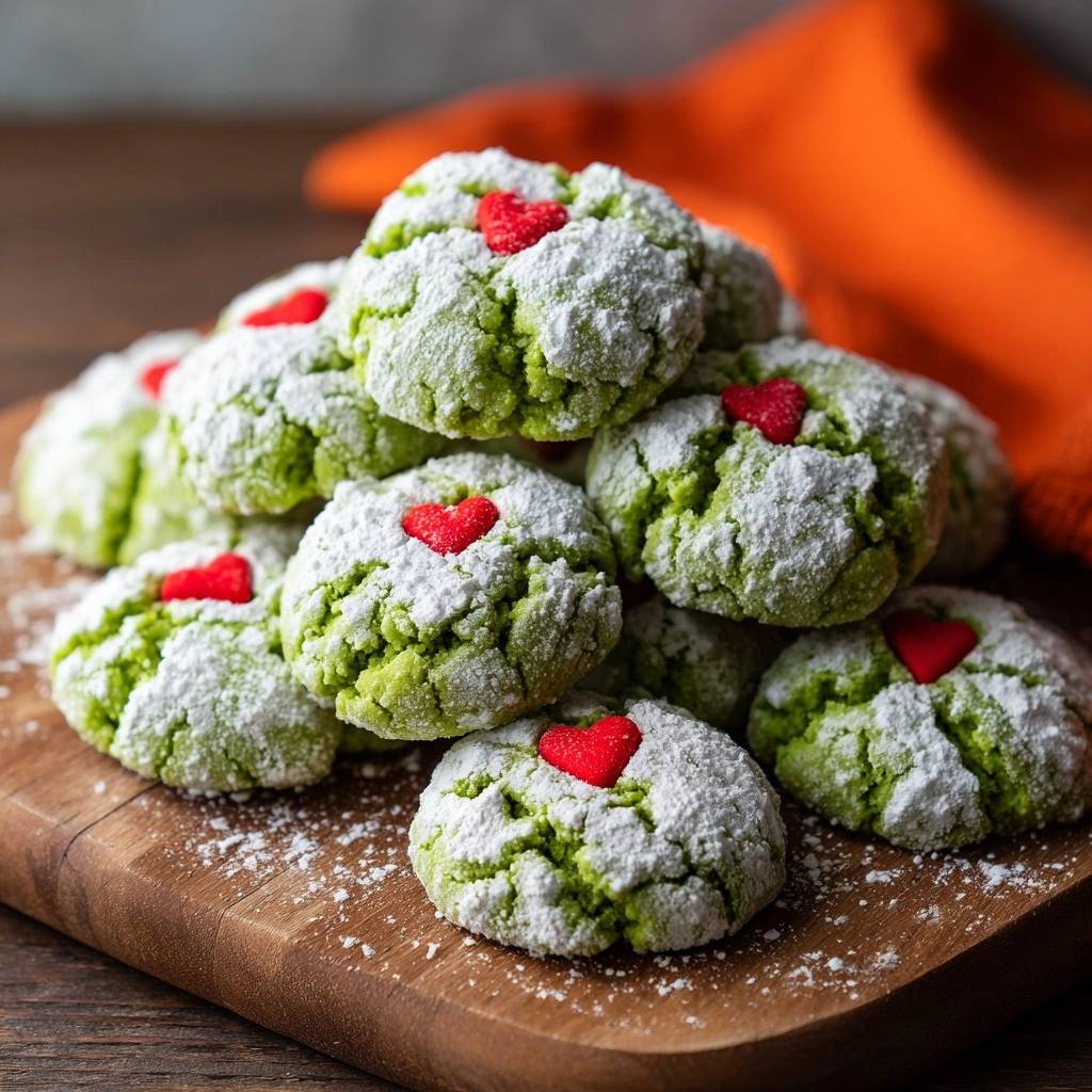 Grinch Crinkle Cookies, ein Stapel mit Puderzucker bestäubter Kekse, verziert mit roten Zuckerherzen, nahaufnahme