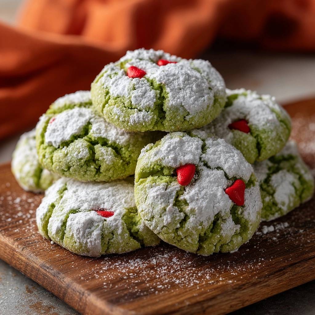 Grinch Crinkle Cookies mit Puderzucker und roten Akzenten, Nahaufnahme der Textur und Dekoration.