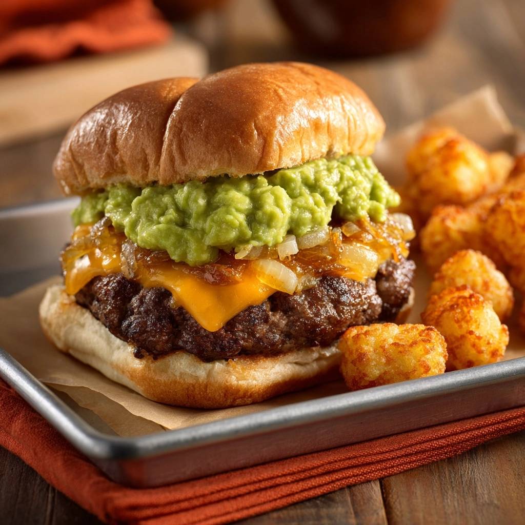 Saftiger Guacamole-Burger mit Karamellzwiebeln, nah aufgenommen mit Tater Tots auf der Seite.