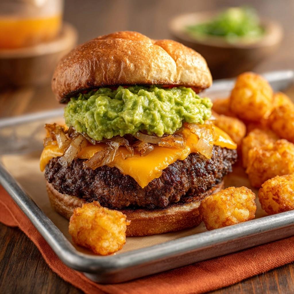 Saftiger Guacamole-Burger mit Karamellzwiebeln, serviert mit Tater Tots auf einem Blech, Nahaufnahme