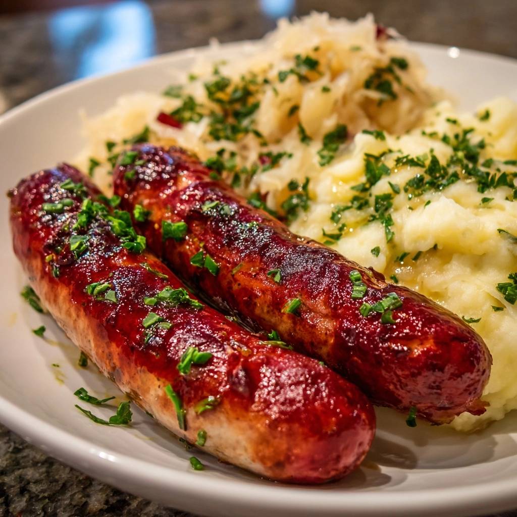 Herzhafte Bratwurst mit Kartoffelstampf und Sauerkraut, eine Nahaufnahme mit frischer Petersilie garniert.