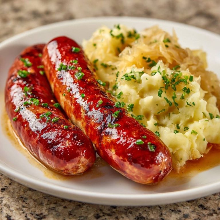 Herzhafte Bratwurst mit Kartoffelstampf und Sauerkraut, serviert auf einem weißen Teller mit Petersilie garniert.
