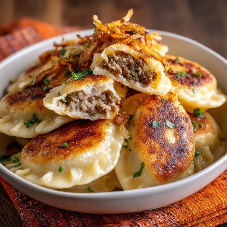Herzhafte Fleisch-Piroggen mit Röstzwiebeln, angeschnitten und gefüllt mit herzhaftem Hackfleisch, garniert mit Petersilie.