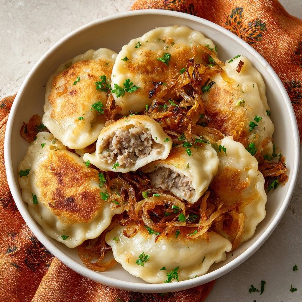Herzhafte Fleisch-Piroggen mit Röstzwiebeln, hier angeschnitten um die herzhafte Fleischfüllung zu zeigen.