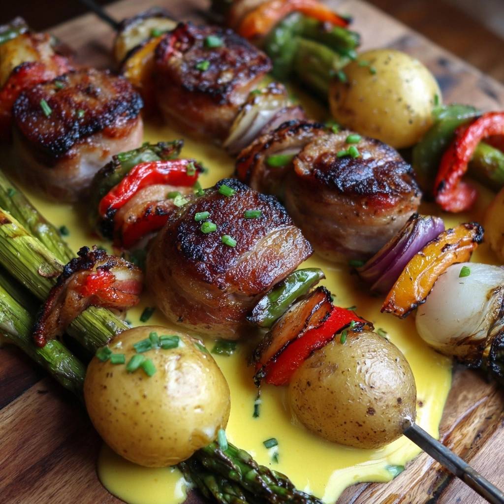 Herzhafte Grillspieße mit Speckmantel, detailreich mit frischem Schnittlauch garniert und in cremiger Sauce serviert.