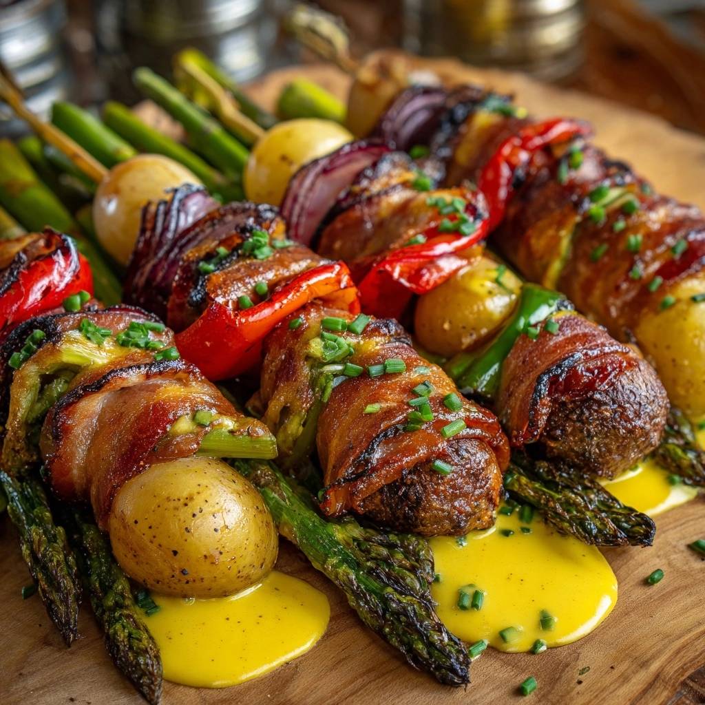 Herzhafte Grillspieße mit Speckmantel, knusprig und saftig, mit frischen Kräutern garniert und auf einem Holzbrett serviert.