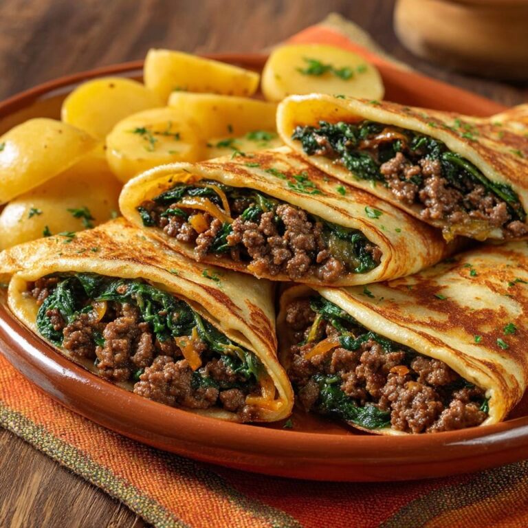 Herzhafte Pfannkuchen mit Hackfleisch und Spinat, angeschnitten und von der Seite gezeigt, mit gekochten Kartoffeln serviert.