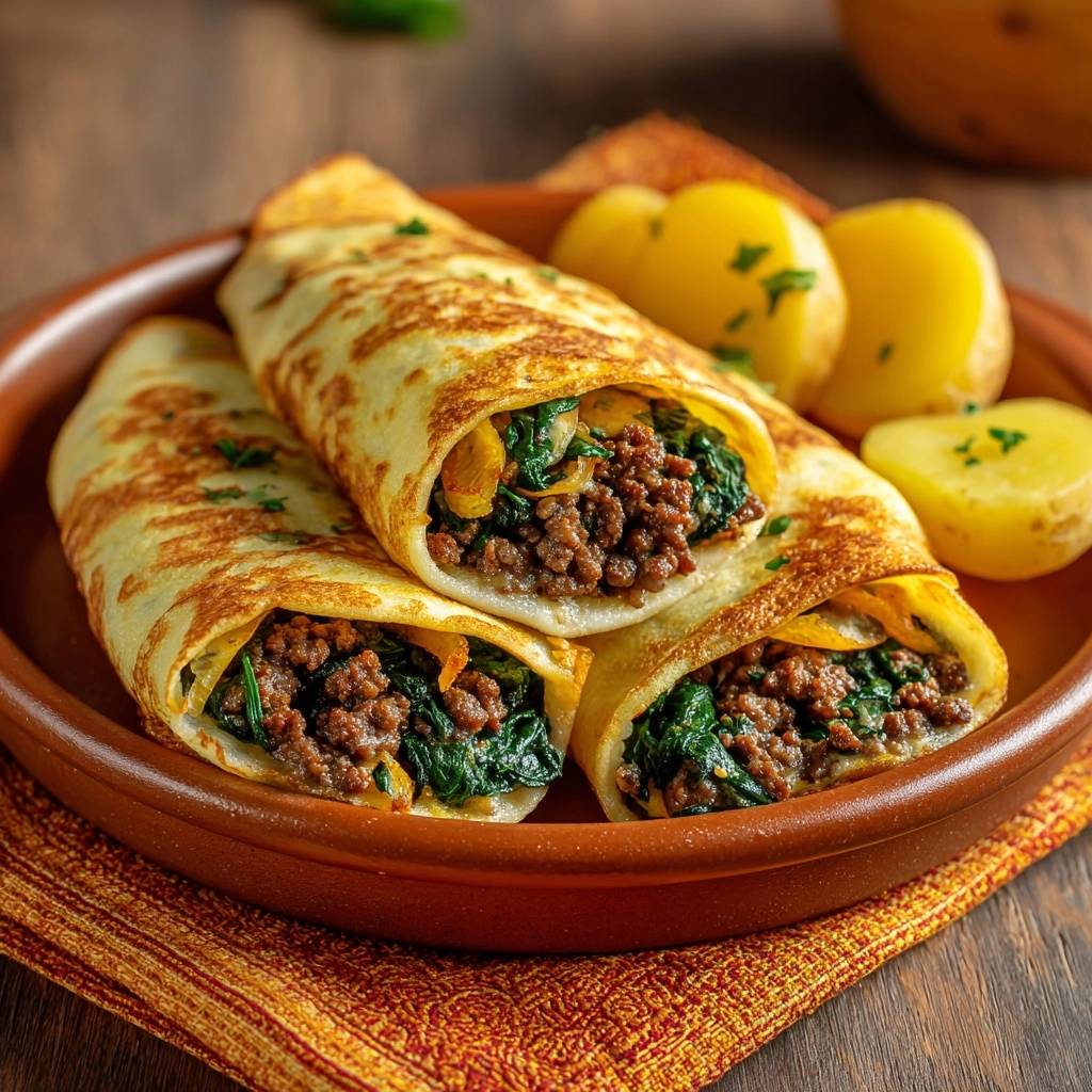 Herzhafte Pfannkuchen mit Hackfleisch und Spinat im Querschnitt, serviert mit gekochten Kartoffeln auf einem Teller.