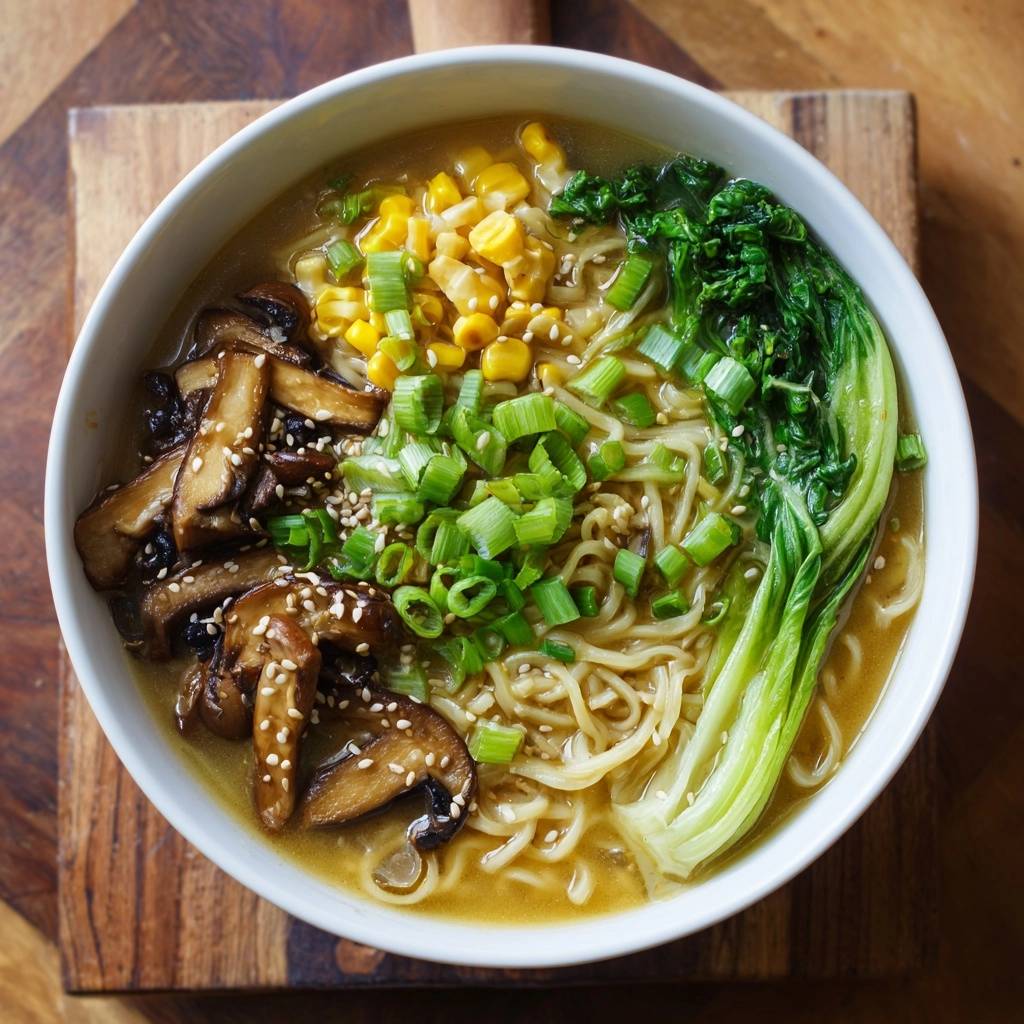 Herzhafte Pilz-Ramen mit Pak Choi, serviert in einer Schüssel mit Pilzen, Mais und Frühlingszwiebeln, von oben gesehen.