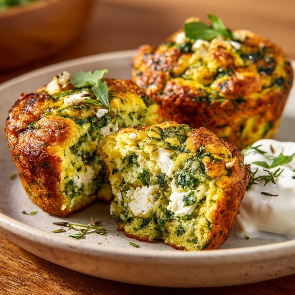 Herzhafte Spinat-Feta-Muffins angeschnitten, die saftigen Innenleben mit Feta und Spinat zeigen, serviert auf einem Teller mit Kräutern.