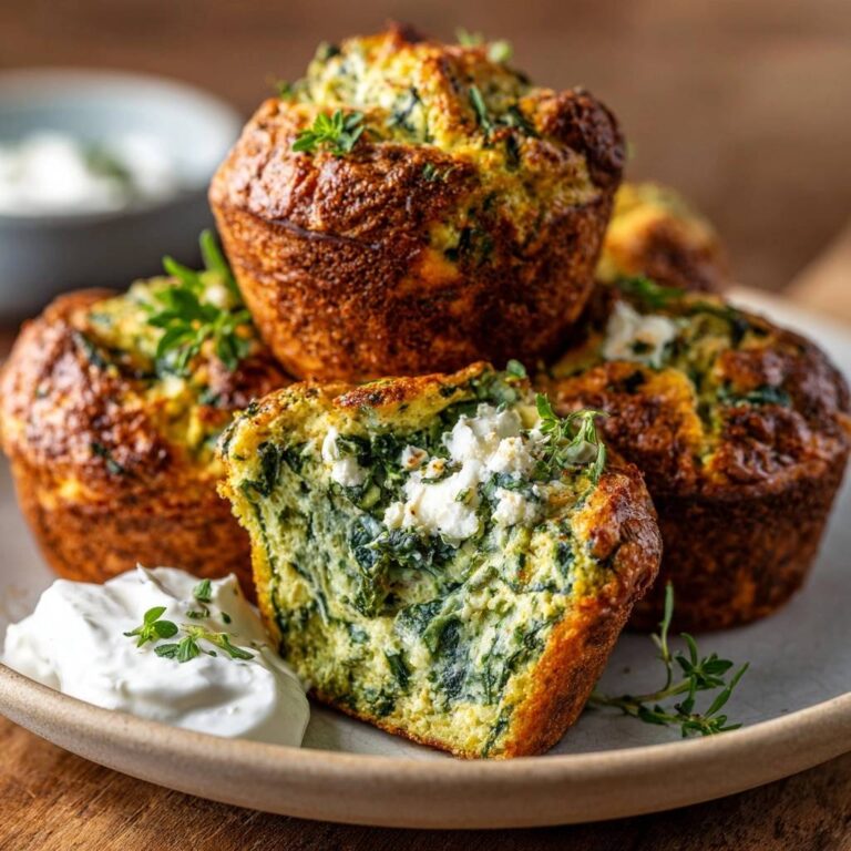 Herzhafte Spinat-Feta-Muffins angeschnitten mit cremigem Feta und frischem Spinat, serviert mit Dip.