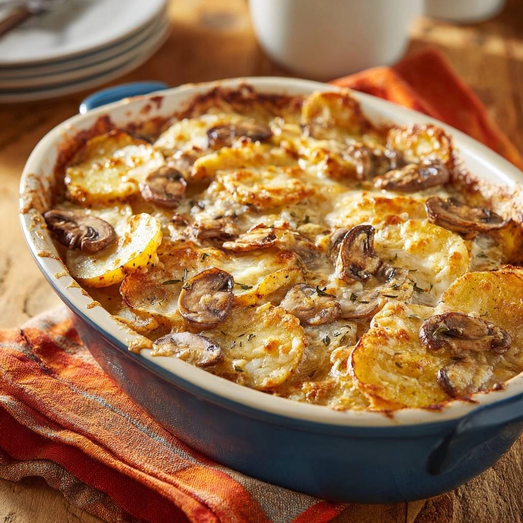 Herzhafter Kartoffel-Pilz-Auflauf, nahaufnahme des goldbraun gratinierten Auflaufs mit Kartoffelscheiben und Pilzen.