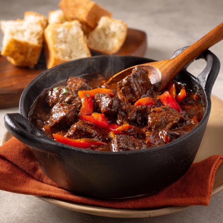 Herzhaftes Rindergulasch mit Paprika, dampfend heiss in einem schwarzen Gusseisentopf serviert, mit Holzloeffel