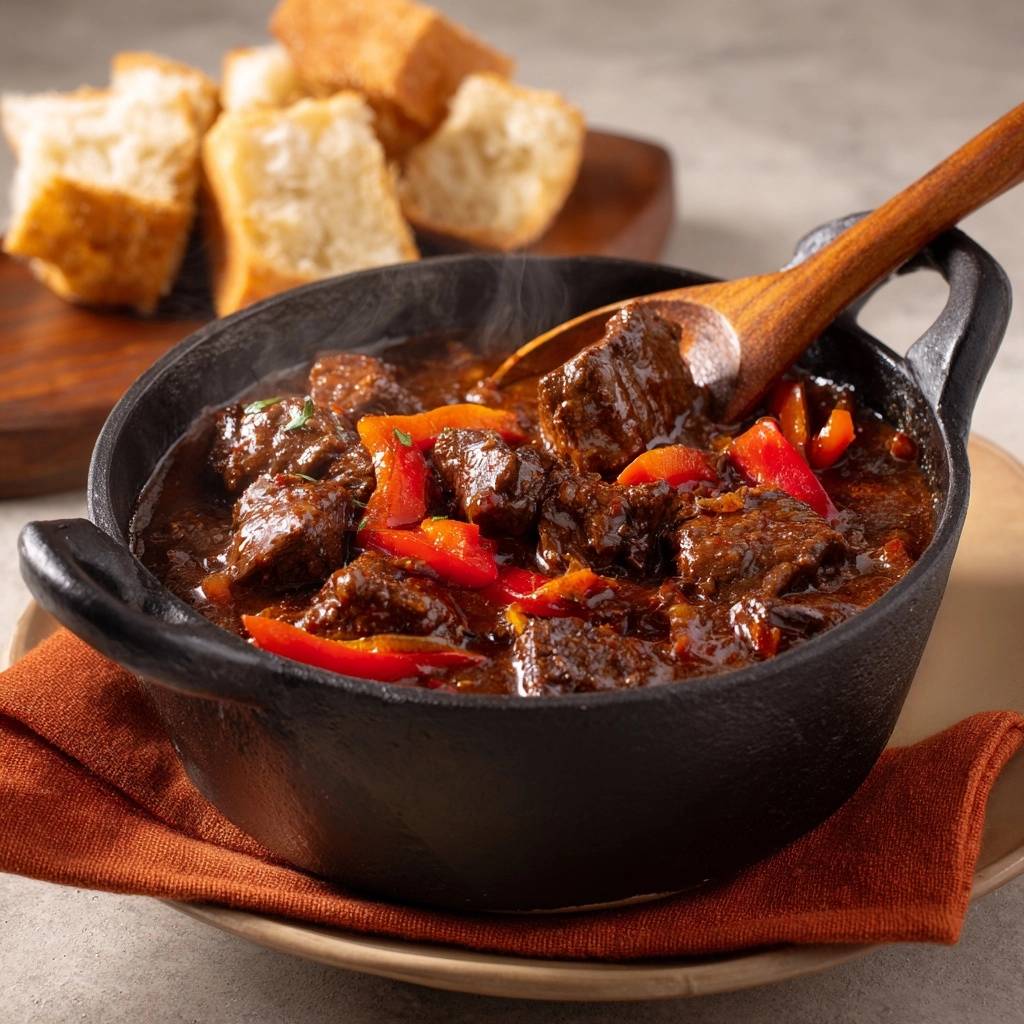 Herzhaftes Rindergulasch mit Paprika, dampfend heiss in einem schwarzen Gusseisentopf serviert, mit Holzloeffel