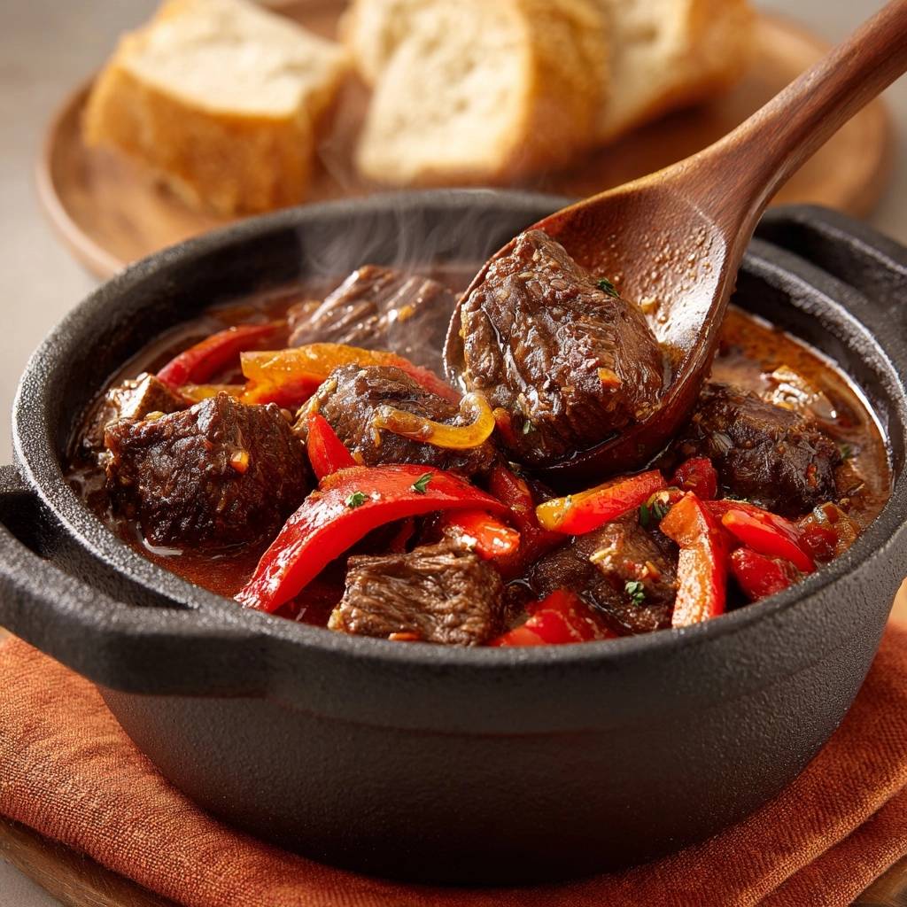Herzhaftes Rindergulasch mit Paprika, ein Holzkochlöffel hebt eine dampfende Portion aus dem Topf.