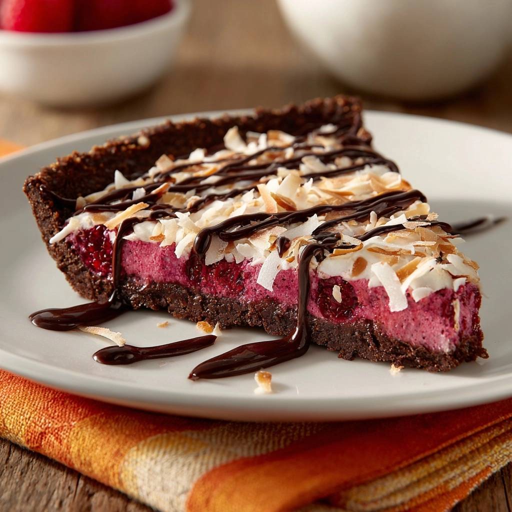 Himbeer-Kokos-Tarte mit Schokoboden, angeschnitten, zeigt die Schichten und den Beerenguss, garniert mit Kokos und Schokosauce.