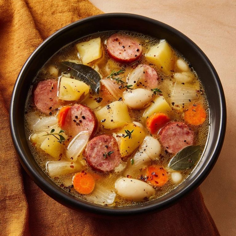 Herzhafter Kartoffel-Wurst-Eintopf im schwarzen Topf, mit reichlich Kartoffeln, Wurstscheiben und Gemüse aus der Draufsicht.