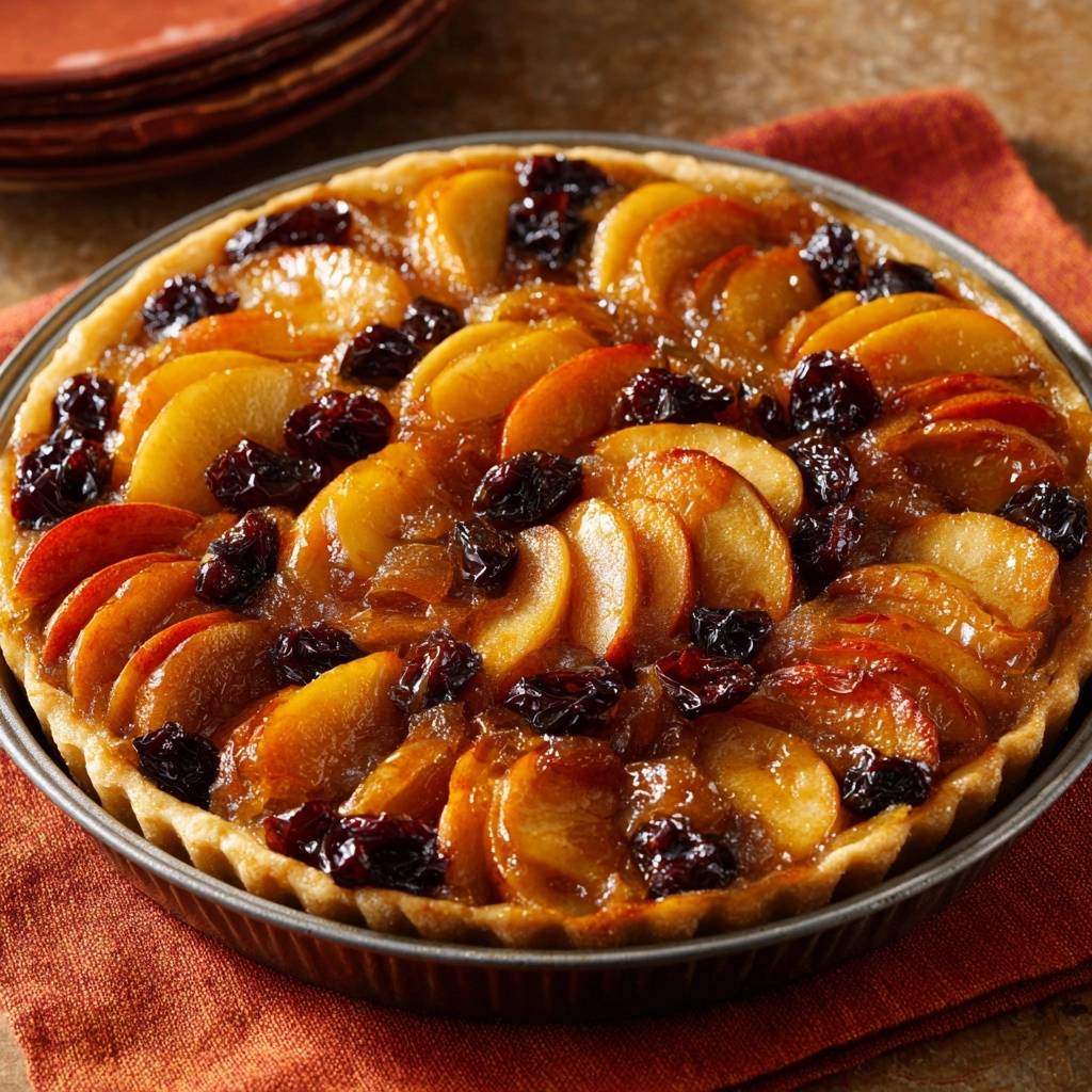 Klassische Apfel-Tarte mit Rosinen als Nahaufnahme mit geschichteten Apfelscheiben und einer glänzenden Glasur.