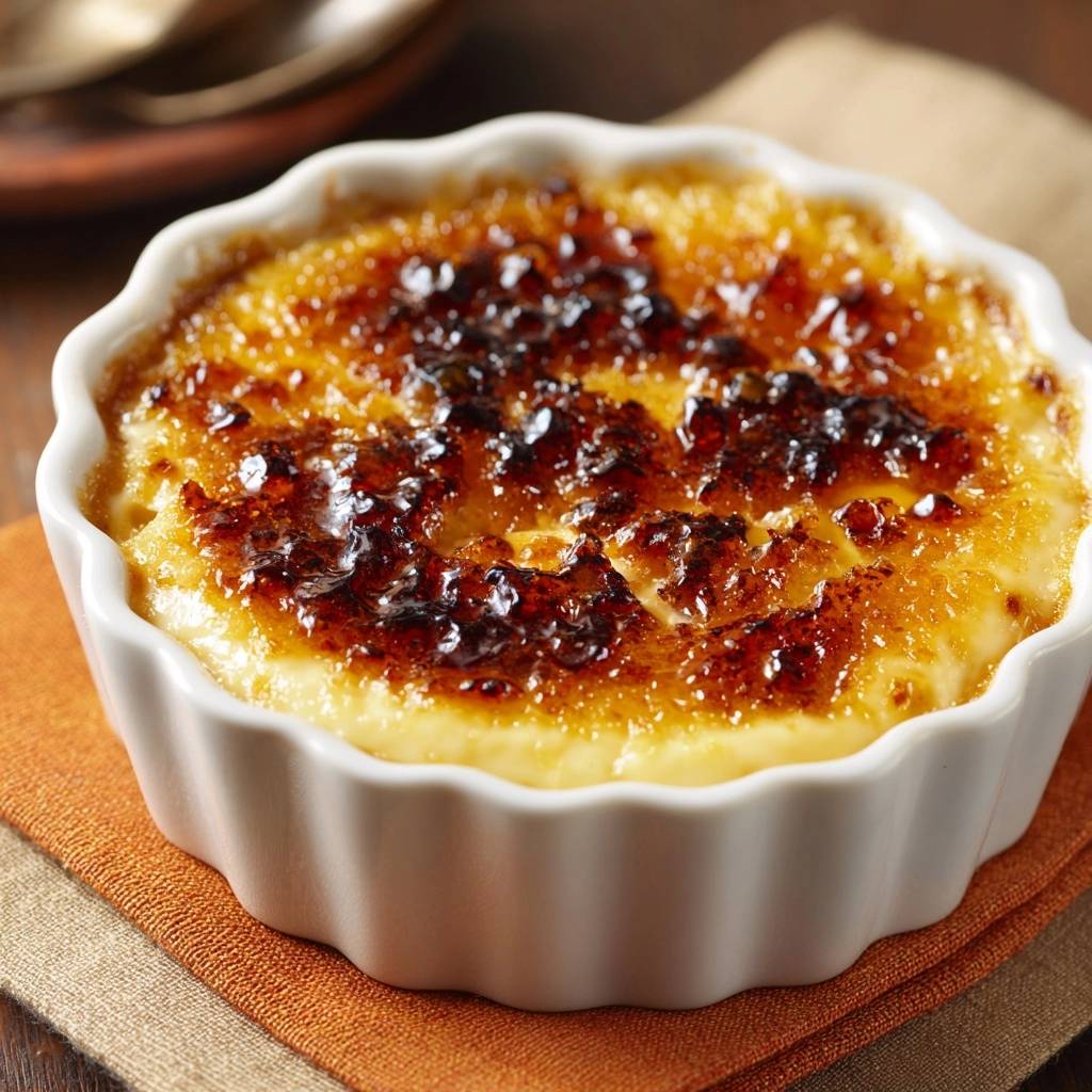 Klassische Crème Brûlée mit einer perfekt karamellisierten Zuckerkruste in einer weißen Keramikform.