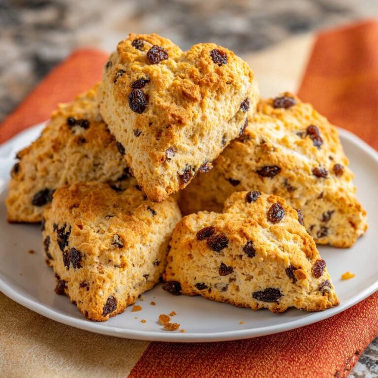 Klassische Rosinen-Scones in Herzform, gestapelt auf einem Teller mit einem orangen Tuch im Hintergrund.