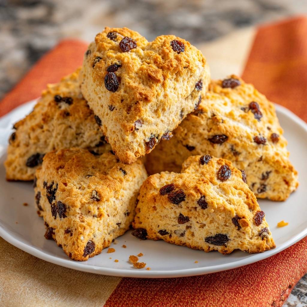 Klassische Rosinen-Scones in Herzform, gestapelt auf einem Teller mit einem orangen Tuch im Hintergrund.