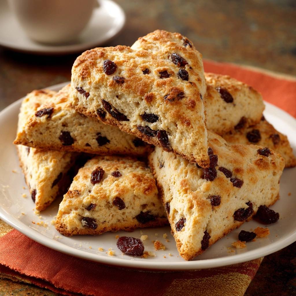 Klassische Rosinen-Scones, auf einem Teller gestapelt und nah aufgenommen, zeigen ihre goldbraune Kruste und Rosinen.