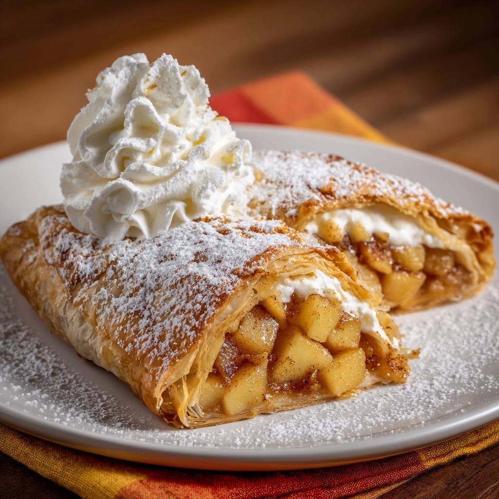 Klassischer Apfelstrudel aus Blätterteig angeschnitten mit einer großzügigen Portion Sahne, bestäubt mit Puderzucker.