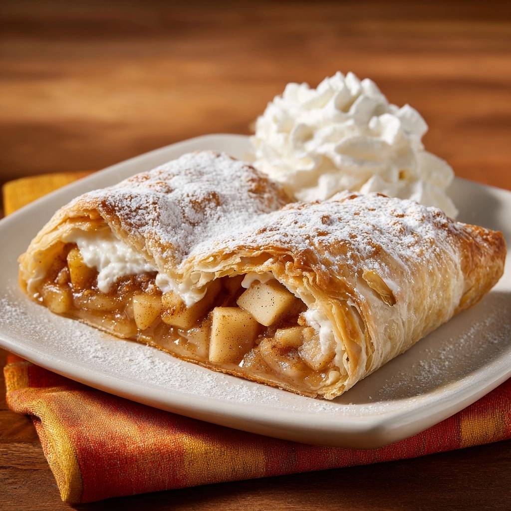 Klassischer Apfelstrudel aus Blätterteig, angeschnitten und mit Puderzucker bestäubt, daneben ein Klecks Sahne.